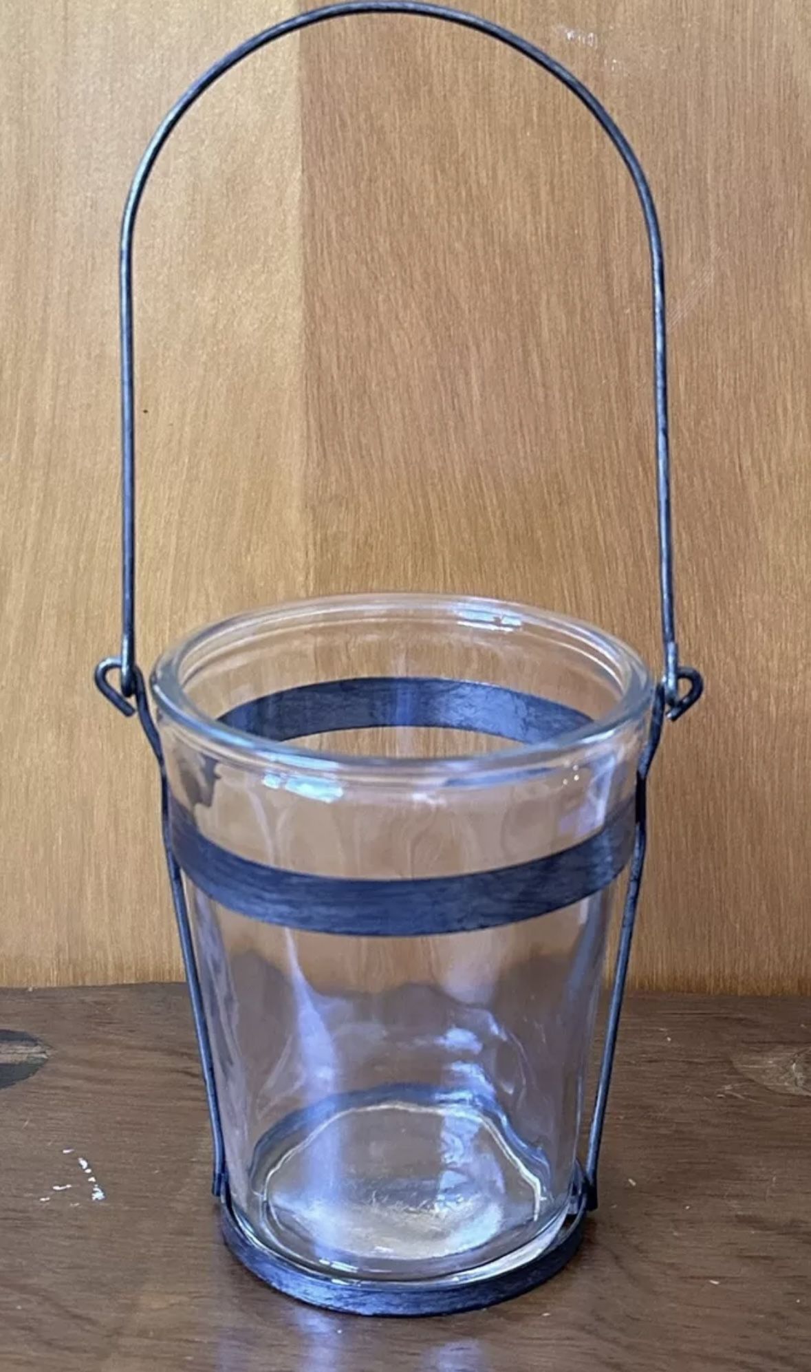 Clear Glass 6.25” Free Standing Pillar/Votive Candle Holder w/ Metal Handle