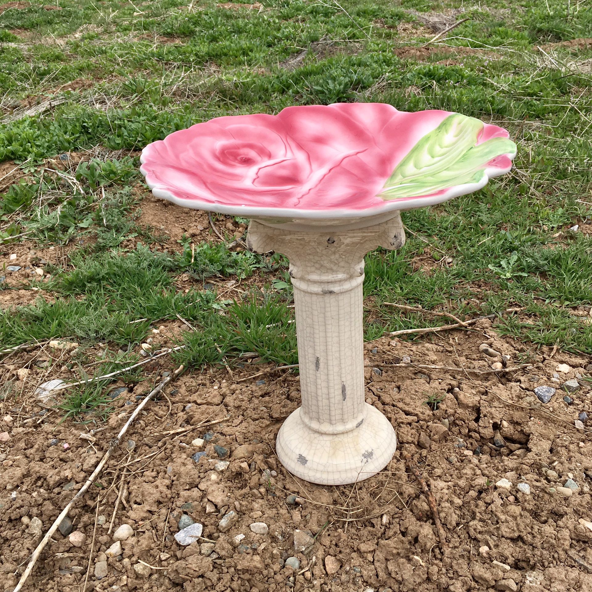 Bird Bath or Feeder- pretty rose printed glass bowl and cream color stand 14"h