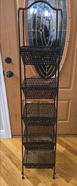 5-Tier Basket Rack 57" Metal Shelf Distressed Black with Copper