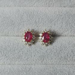 Ruby & White Sapphire Halo Earrings 