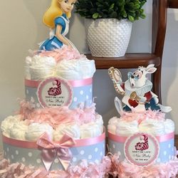ALICE IN WONDERLAND baby shower diaper cakes centerpieces