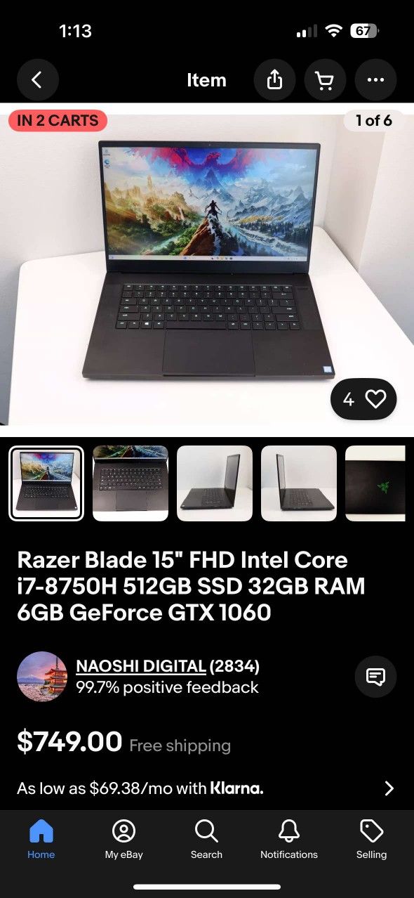 Razer Blade 15" FHD Intel Core
i7-8750H 512GB SSD 32GB RAM
6GB GeForce GTX 1060