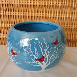 BLUE & RED CARDINALS CERAMIC FLOWER PLANT POT