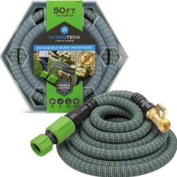 HydroTech 50 ft Expandable Garden Hose - Burst Proof & Lightweight, Flexible Water Hose with Durable Reinforced Latex Core & Solid Brass Fittings for 