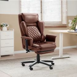 Faux Leather High-Back Ergonomic Office Chair in Brown with Adjustable Padded Arms, Swivel Chair with Headrest&Footrest