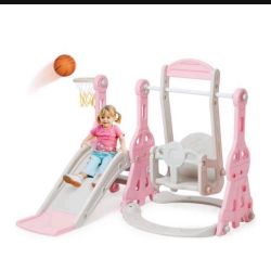 Toddler Slide and Swing Set 4 in 1 Baby Slide Climber Playse with Swing Slide Climber and Basketball Kids Slide and Swing Set V037