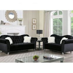 Black Velvet Sofa Loveseat Set Tufted White Fur Pillows Included Silver Legs Brand New In Box Firm Price $1,250 Financing Available 