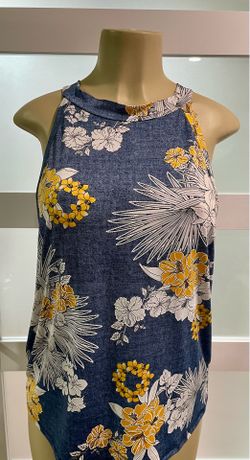 Blue Floral Sleeveless Top with Halter Neck and Stand-Up Collar Size Large