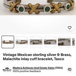 Vintage Mexican sterling silver & Brass, Malachite inlay cuff bracelet, Taxco turquoise blue