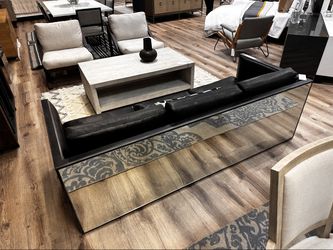 Sonder Maison Fleet Leather Sofa — Black, Mirrored Panels — Retail $6,675