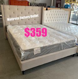 Platform bed, with oversized wingback headboard, button tufting and dual-linen nail head trim