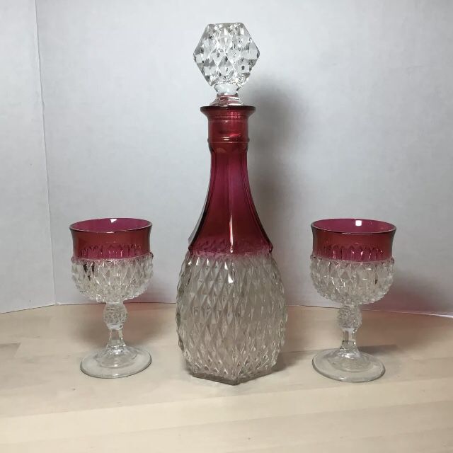 80s Pink glass lattice Liquor carafe and goblets
