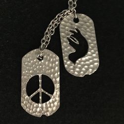 PEACE & LOVE Vintage Original 1960's Necklace Silver Hammered Flat Metal Peace Sign and Dove Dog Tag Style