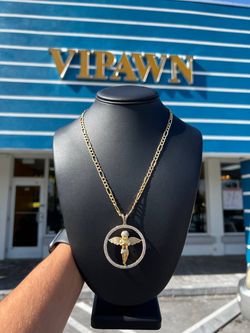 14k solid gold Figaro necklace chain with big Angel pendant made of 10k solid gold and Diamonds