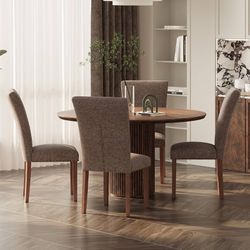 Dining set of 5pcs , 47" Round Dining Table With 4pcs Chairs , table with storage drawer, High Back with Wooden Legs and Nailhead Trim, Modern Fabric 