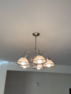Pair of 5-Light Brushed Nickel Chandeliers – Ribbed Glass