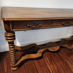Walnut Marquetry Console Table w/ Barley Twist Legs
