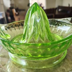 ~ antique green uranium glass juicer