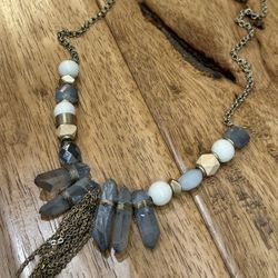 Beaded Stone Metal Fringe Necklace 