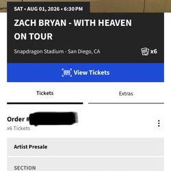 Zach Bryan San Diego Aug. 1st GA Tickets (6 Tickets Available) 