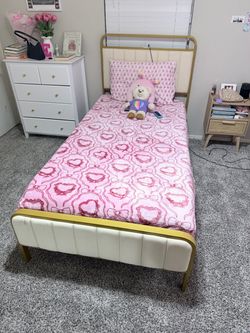 Twin Bed Frame Gold Metal Upholstered