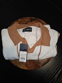 Original Use Men’s Large Johnny Collar Knit Sweater Polo Shirt Cream Brown NWT