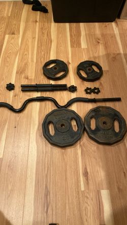 CURL BAR WITH DUMBELL HANDLED AND ASSORTED WEIGHTS OBO