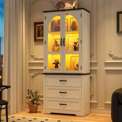 Tall Display Cabinet w/ Arched Glass Doors & RGB LED Lights, 75" Farmhouse China Cabinet w/ 3 Drawers & Adjustable Shelves, Modern Curio Cabinet w/ Ro