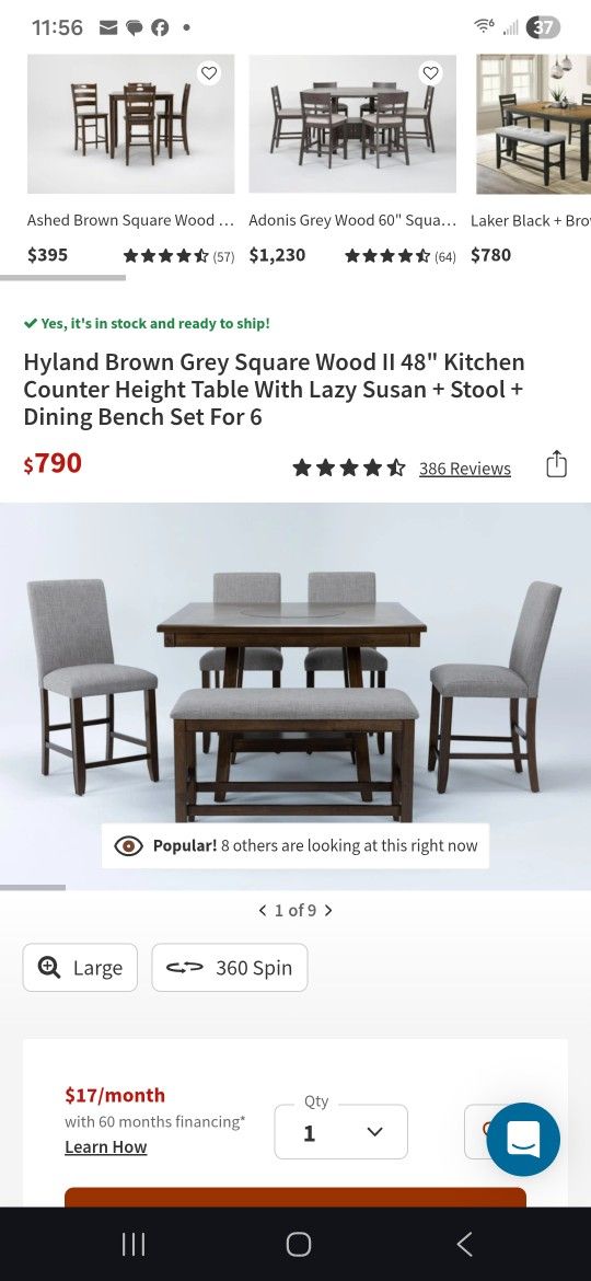 Hyland Brown Grey Square Wood II 48" Kitchen Counter Height Table With Lazy Susan + Stool + Dining Bench Set For 6