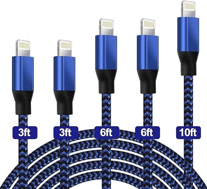 UNEN MFi Certified 5 Pack [3/3/6/6/10ft] Nylon Braided iPhone Charger Lightning to USB-A Cable Fast Charging&Syncing Black&Blue