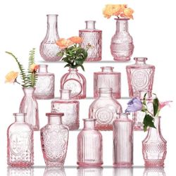 Glass Bud Vases Set of 16 - Pink Assorted Small Mini Glass Vases for Flowers, Crystal Vintage Vase Set, Bulk Centerpieces for Table Décor, Wedding, Ho