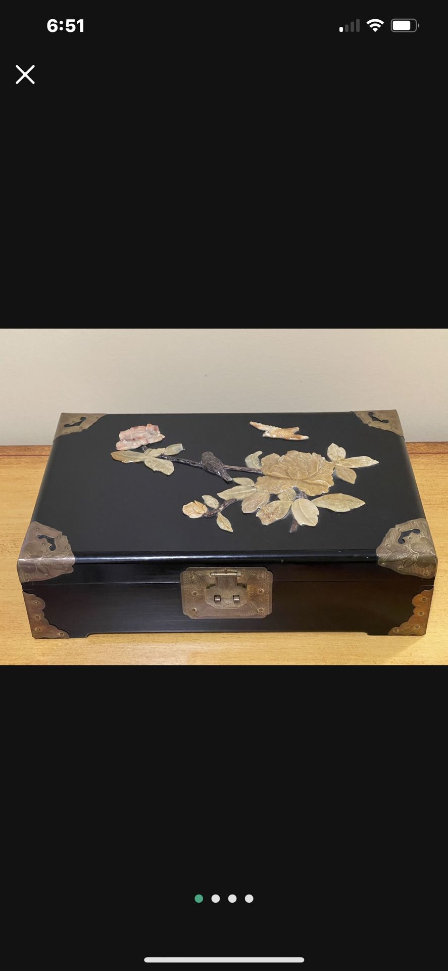 Vintage Black Lacquer Jade Floral Jewelry Box