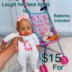 $15 Bundle Baby Doll & Stroller Batteries included laughing & Crying lights up