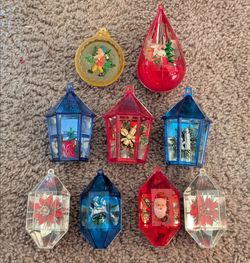 Vintage Bradford Style Plastic Diorama Ornament Lot of 9 Christmas Ornaments