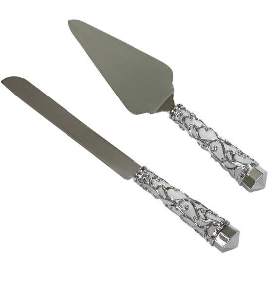 Jamie Lynn Elegant Metal & Frosted Glass Vine Cake Knife and Server Set Wedding