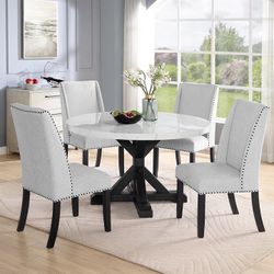 54” Round Marble Dining Table With 4 Linen Chairs