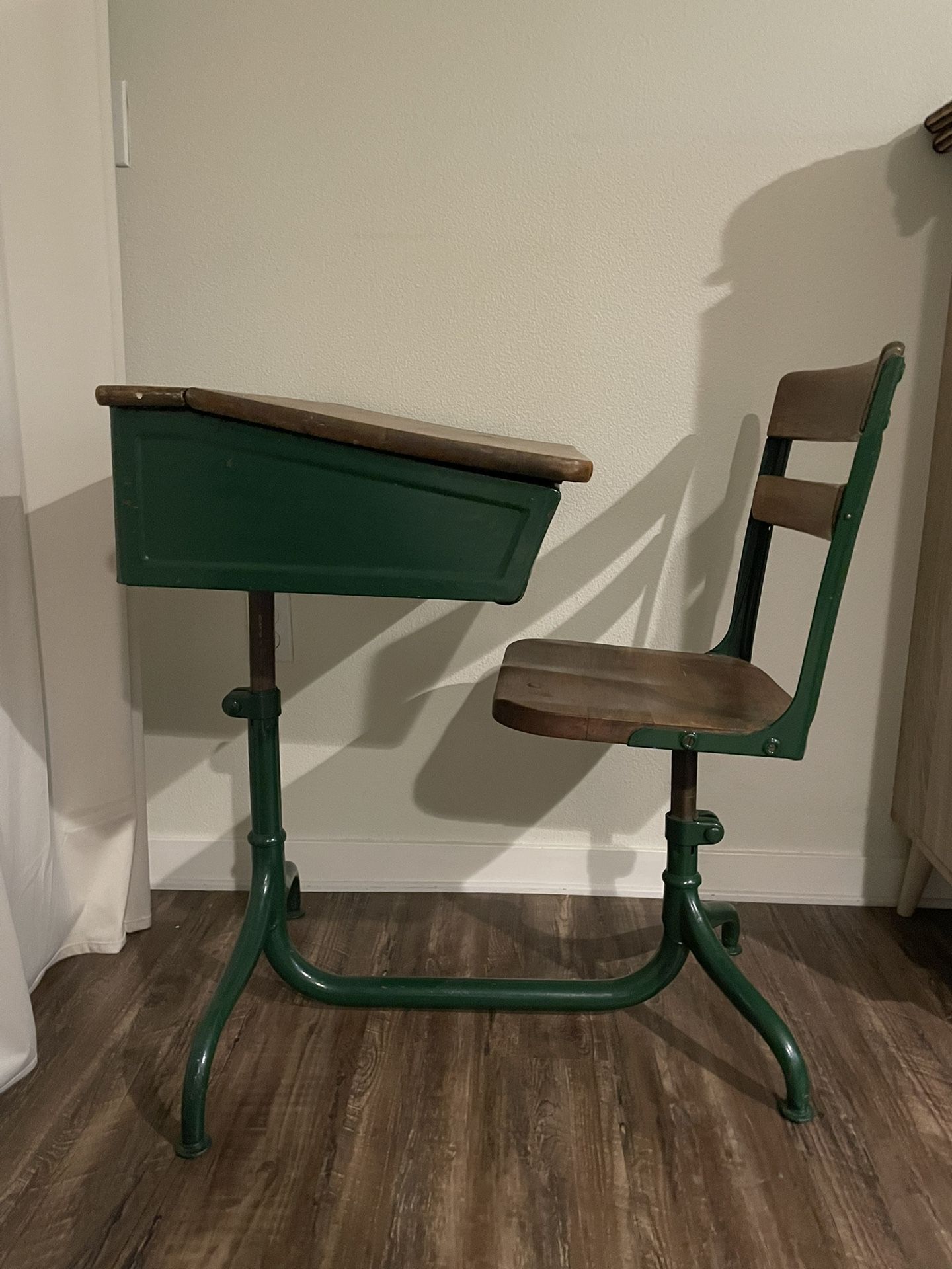 Antique 1950s Green industrial Children's School Desk with attached swivel Chair