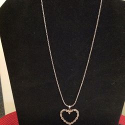 Beautiful Vintage 925 Hallmarked Sterling Silver Open Heart w/Diamonds Necklace w/Rope Chain