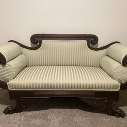 RARE!!! Statement Piece | Early Victorian Sofa | Hand-Carved Wood, Scroll Arms, Claw Feet