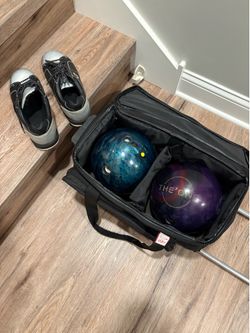 Bowling balls shoes and roller bag