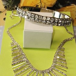 #1922, GORGEOUS RHINESTONES VTG SET, SILVER PLATED, BRACELET & NECKLACE
