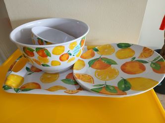 Summer fun kitchen set, bowls, tray, plates.  New, bright summer colors.
