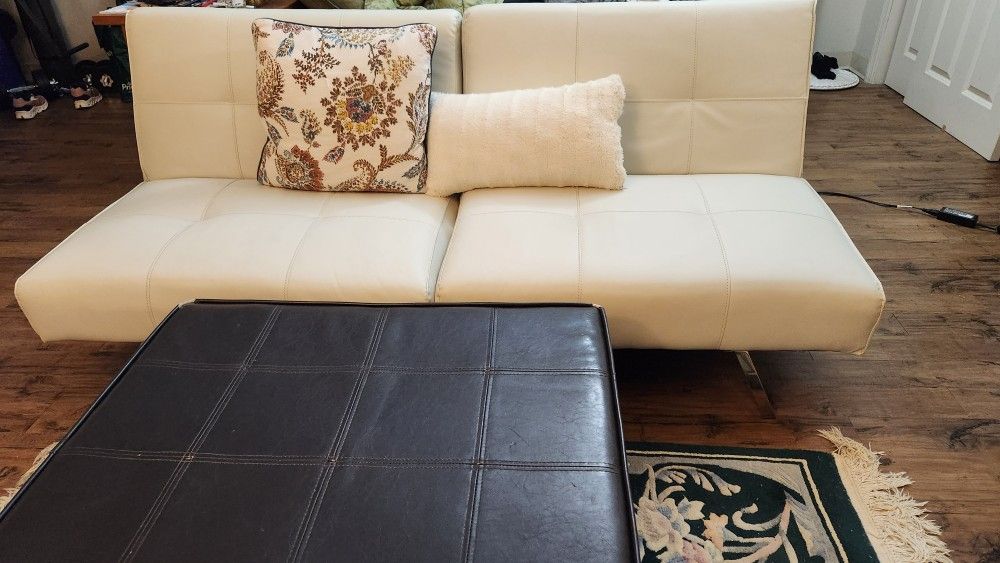 Cream White Leather Sleeper Futon Sofa