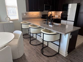 White Leather Bar Stools with Black Metal Frame – Set of 3
