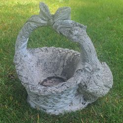 Vintage Heavy Concrete Goose With Basket Planter 