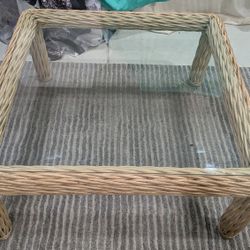 Mid-Century Square Coffee Table Featuring A Woven Rattan/Wicker Frame With A Tempered Glass Top.
