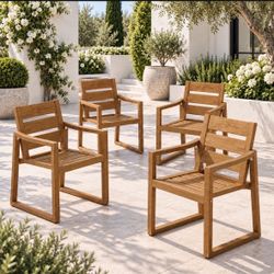 HDPS Outdoor Patio Dining Chairs with Armrest, Teak Color (Set of 4)