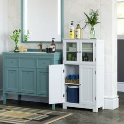 Storage Cabinet, Floor White Wooden Linen Cabinet with Shelves and Doors, Kitchen Cupboard