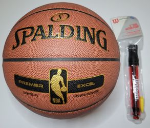 Used Spalding Premier Excel 29.5" Indoor Outdoor Basketball & New Wilson 6" Dual Action Pump