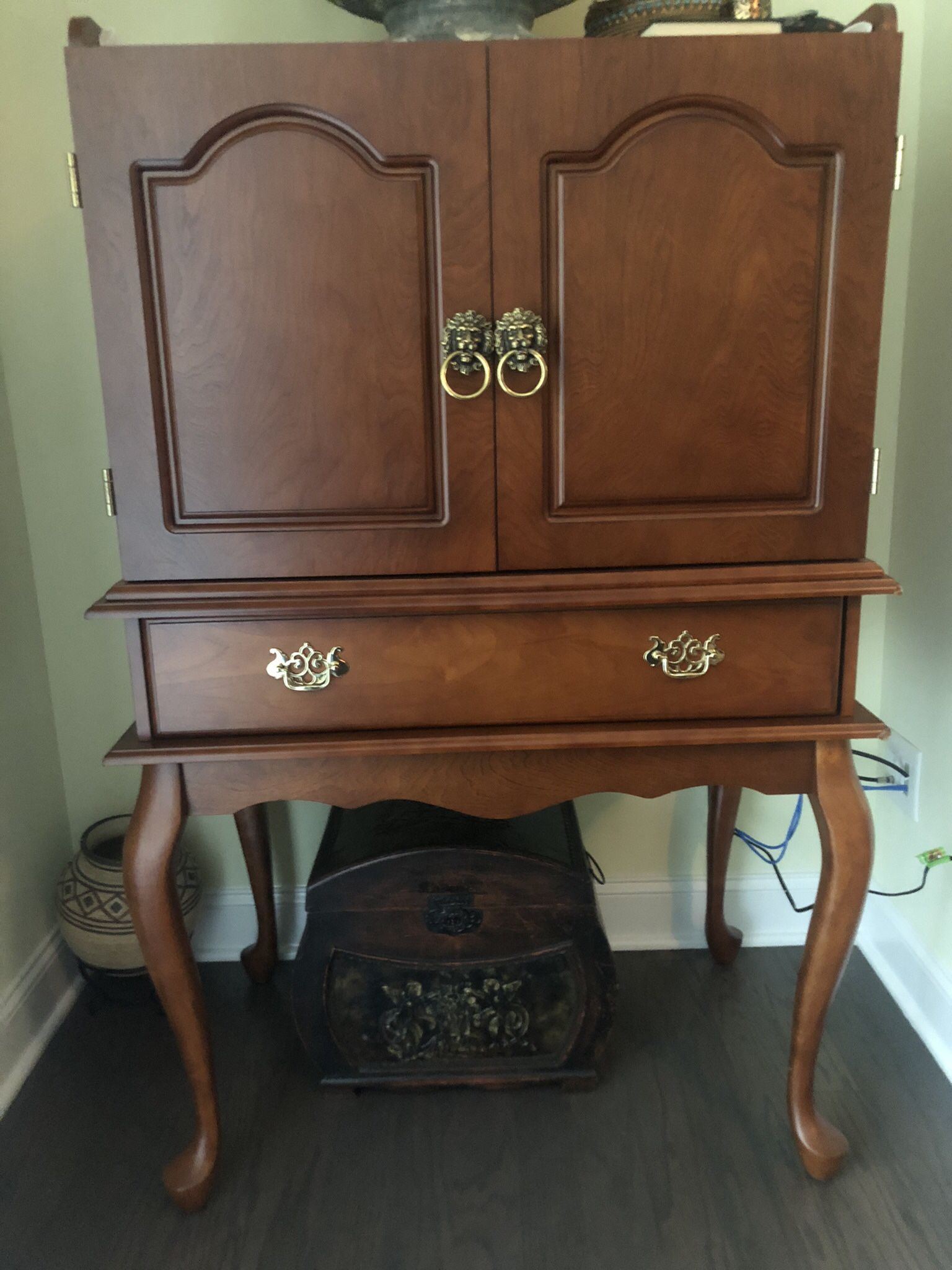 Walnut Hutch with beautiful Lion head Accent Cabinet pulls